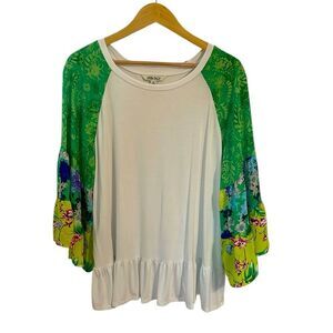 The Pioneer Woman Ruffled Tunic with bell sleeves, green, yellow flowers, XL